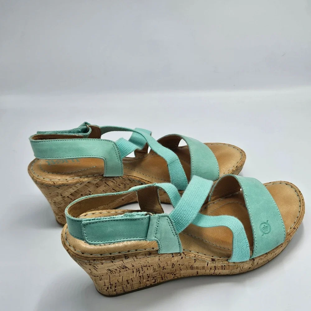 Born Womens Mint Green Leather Cork Wedge Sandals Elastic Straps Size 8